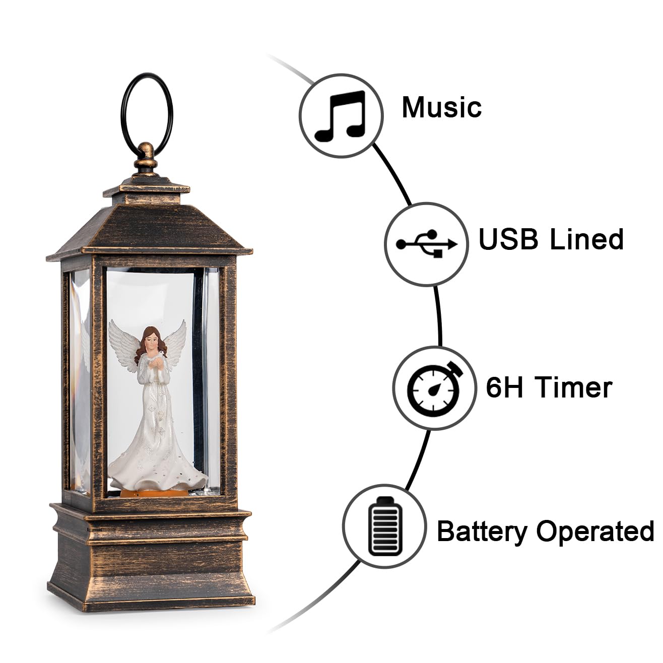 10 Musical Snow Globe Lantern Lighted Angel with Dove Water Lantern Swirling Glittering Home Decoration and Gift, Battery Oper