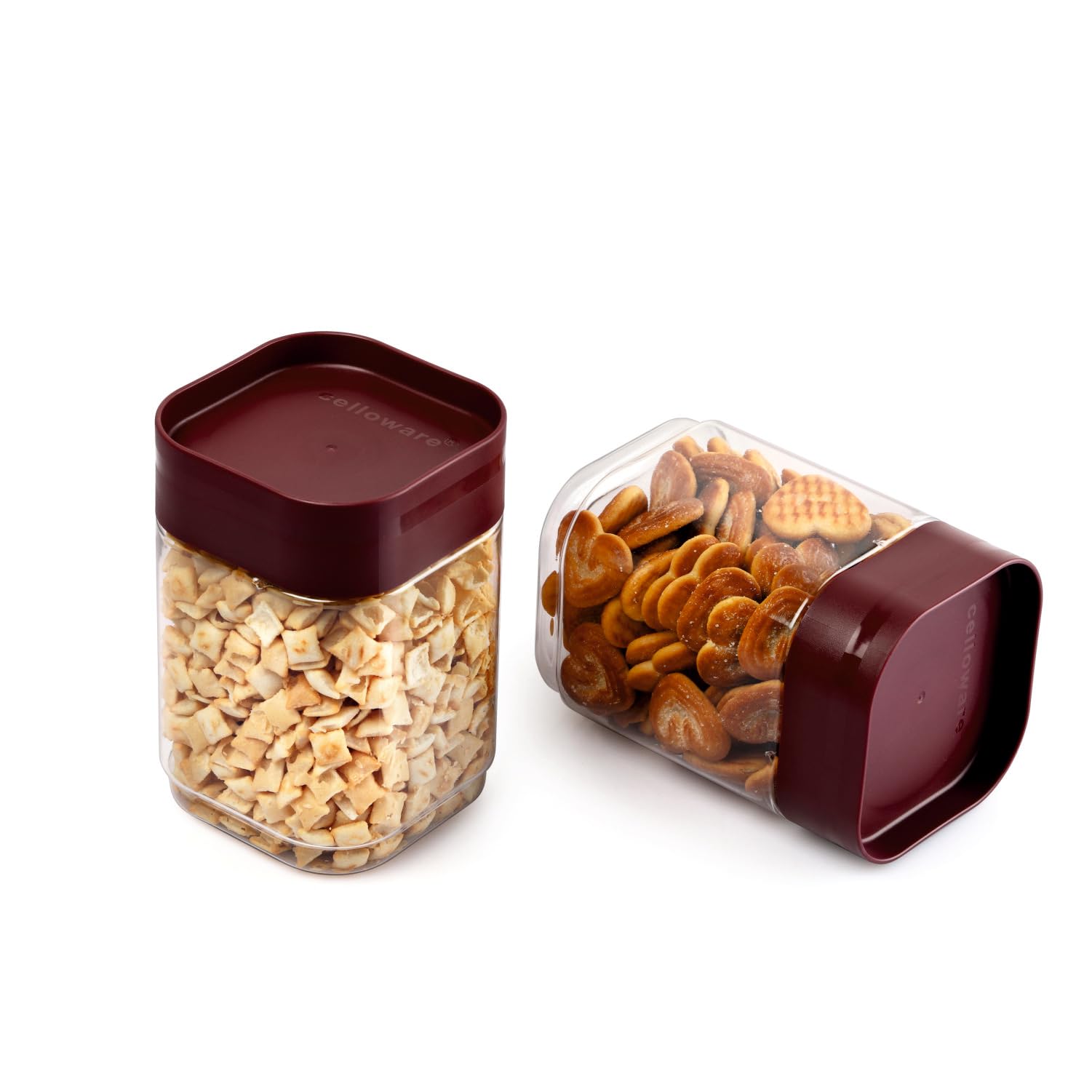 Cello Modustack Square Containers Set Of 2 (750 Ml X 2), Maroon | Stackable | For Grains, Pulses, Spice, Cereals, Cookies, Dry F