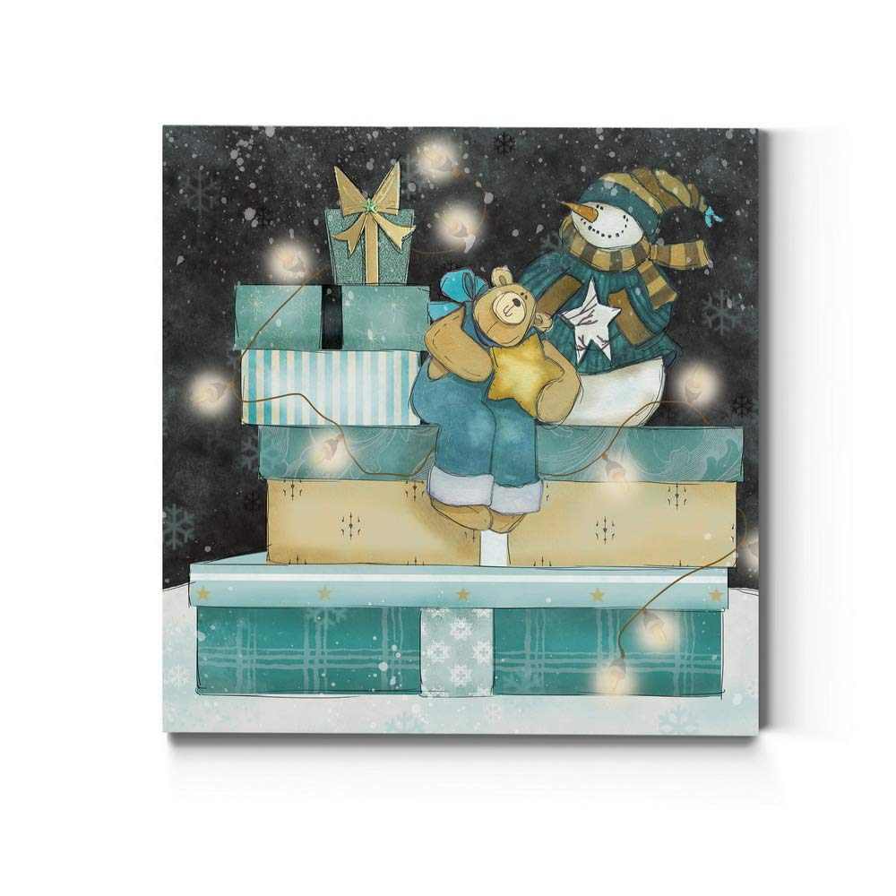 Renditions Gallery Snowman And Teddy Bear (1) Wall Art, Christmas & Winter Decor, Cute Pile Of Presents, Premium Gallery Wrapped