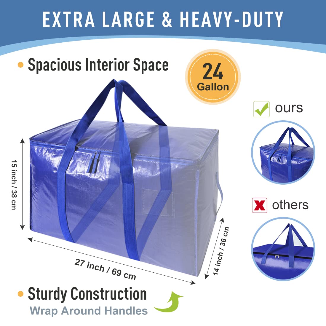 Extra Large Moving Bags Heavy Duty Totes For Storage Packing, Space Saving, Traveling, With Zippers & Strong Carrying Handles (S