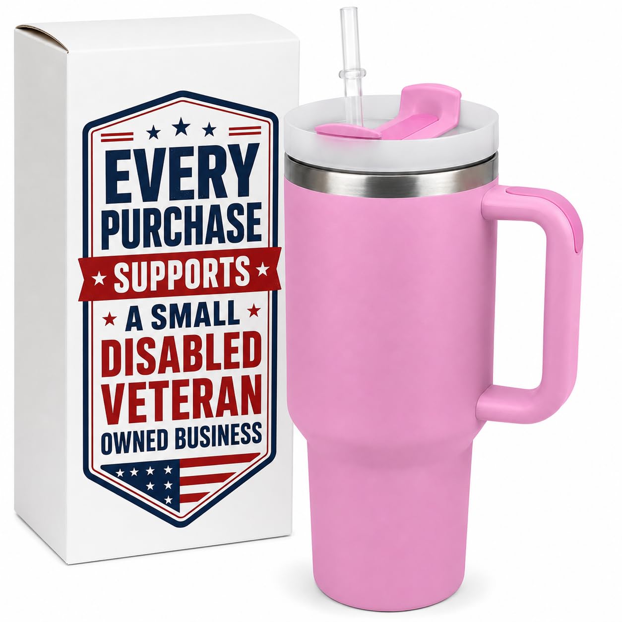 40 oz Insulated Tumbler with Handle & Straw, Stainless Steel, Pink