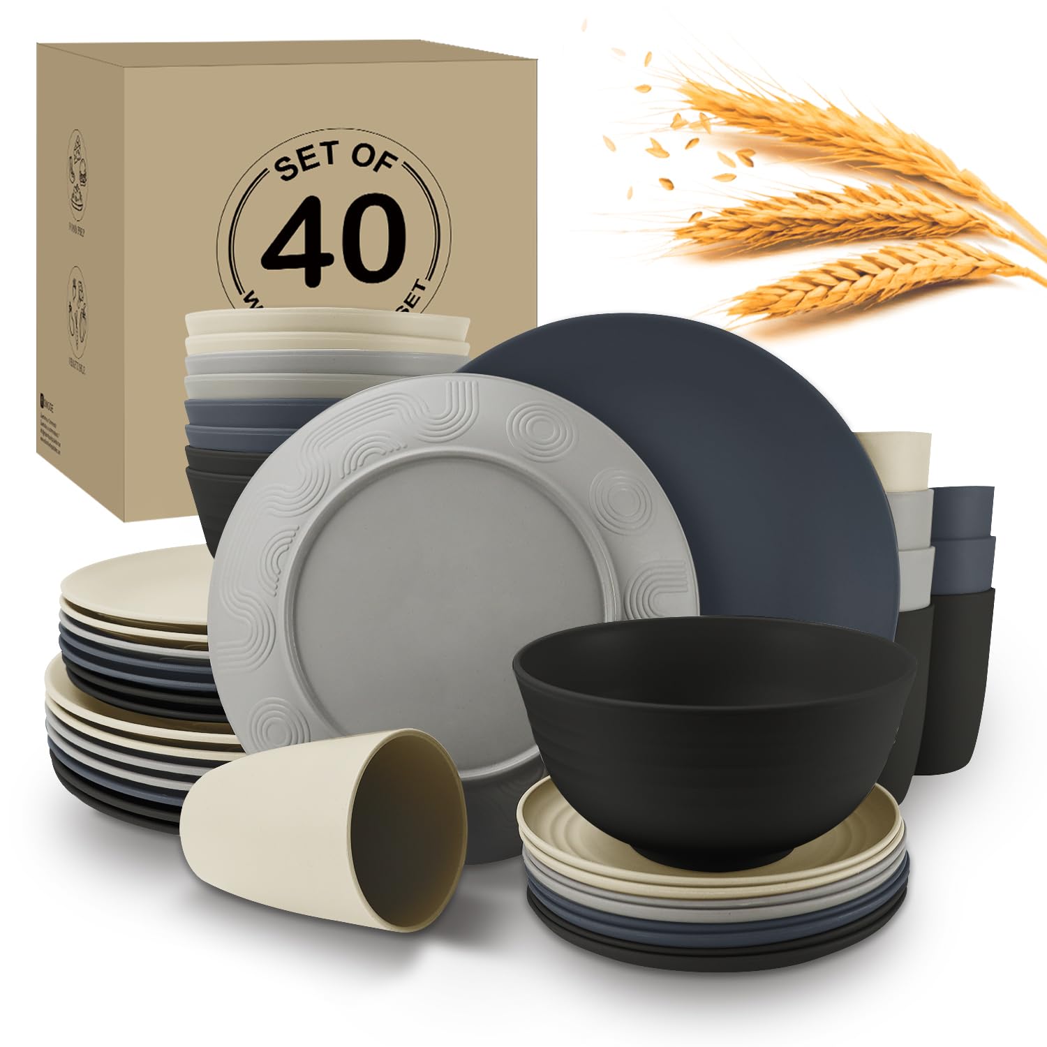 Wrova 40Pack plates and bowls sets for dinner - Unbreakable wheat straw dinnerware sets service for 8 - Alternative plastic 40pc