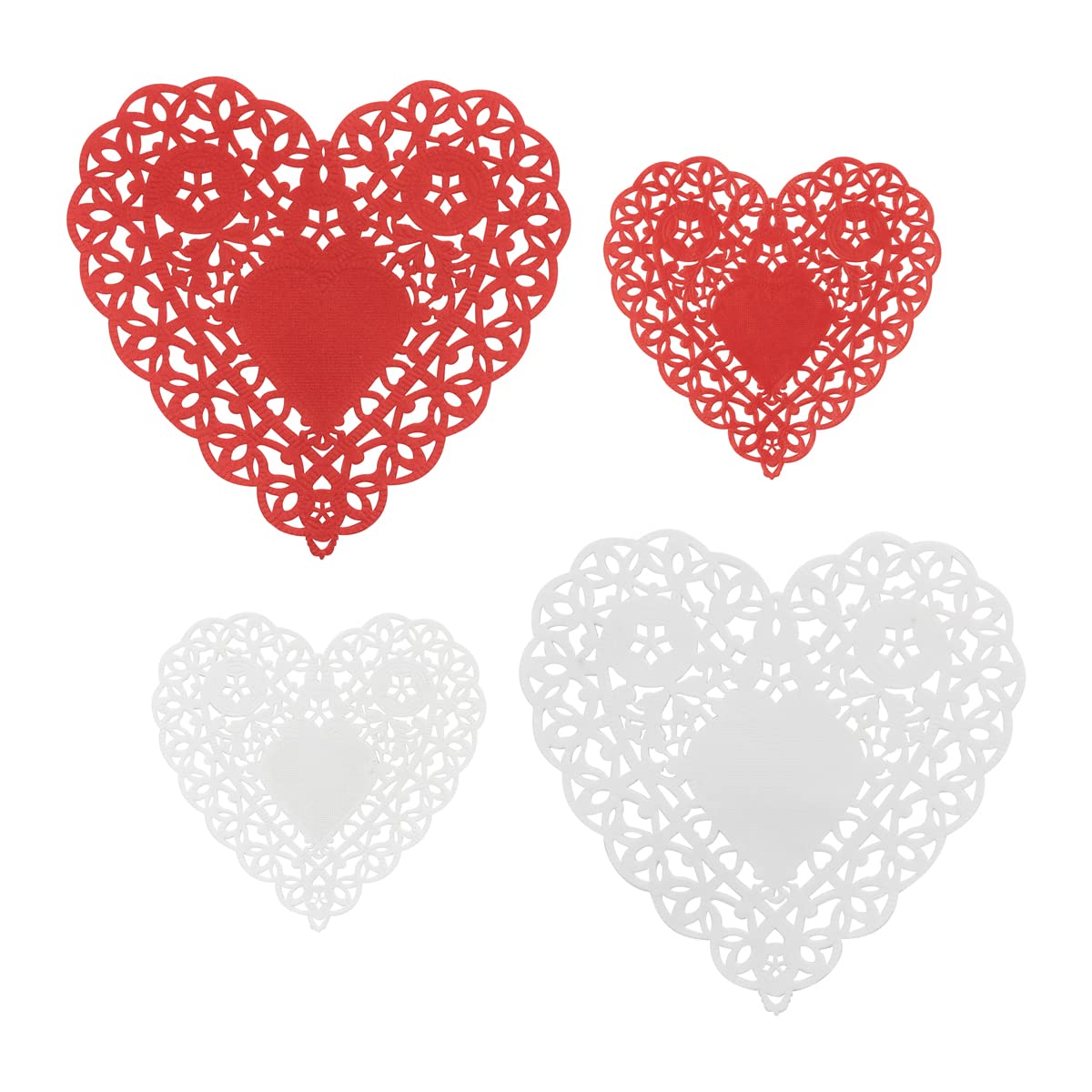 Hygloss Products Heart Doilies - Assorted Sizes White And Red Paper Doily, Made In Usa, 96 Pack
