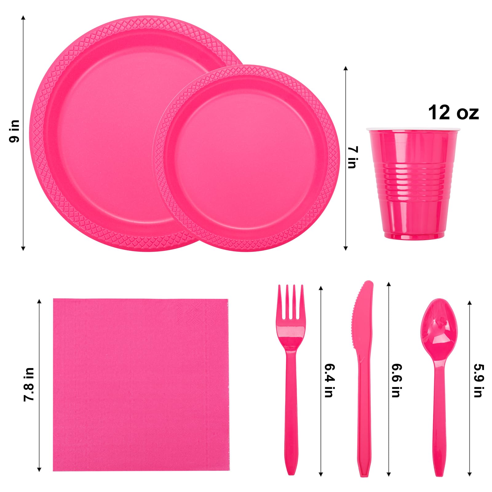 Wellife 210 Pieces Valentines Hot-Pink Party Supplies - Hot Pink Plastic Dinnerware Set, Including Hot Pink Plastic Plates And N