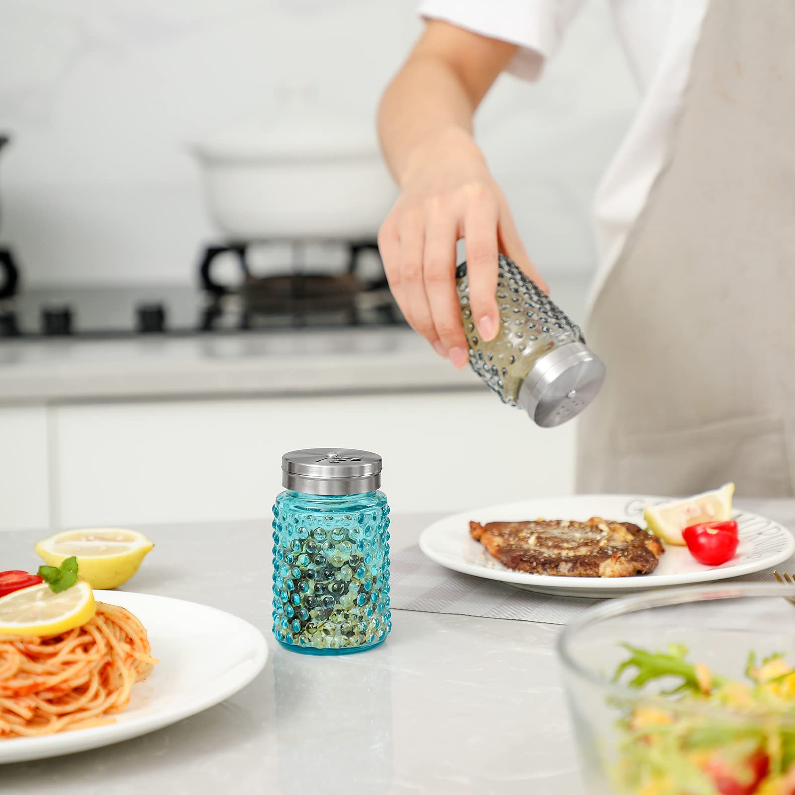 Everest Hobnail Salt And Pepper Shakers Glass Set Of 2, 4.0 Oz With Salt Shaker Adjustable Stainless Steel Lid-Glass Spice Jars,