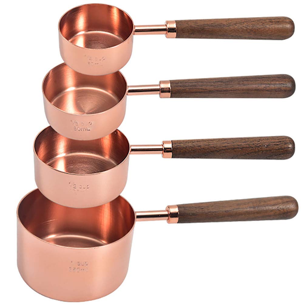 Goeielewe Set Of 4 Stainless Steel Measuring Cups, Copper Plated Nesting Measuring Cup Set With Walnut Wood Handle For Dry And L