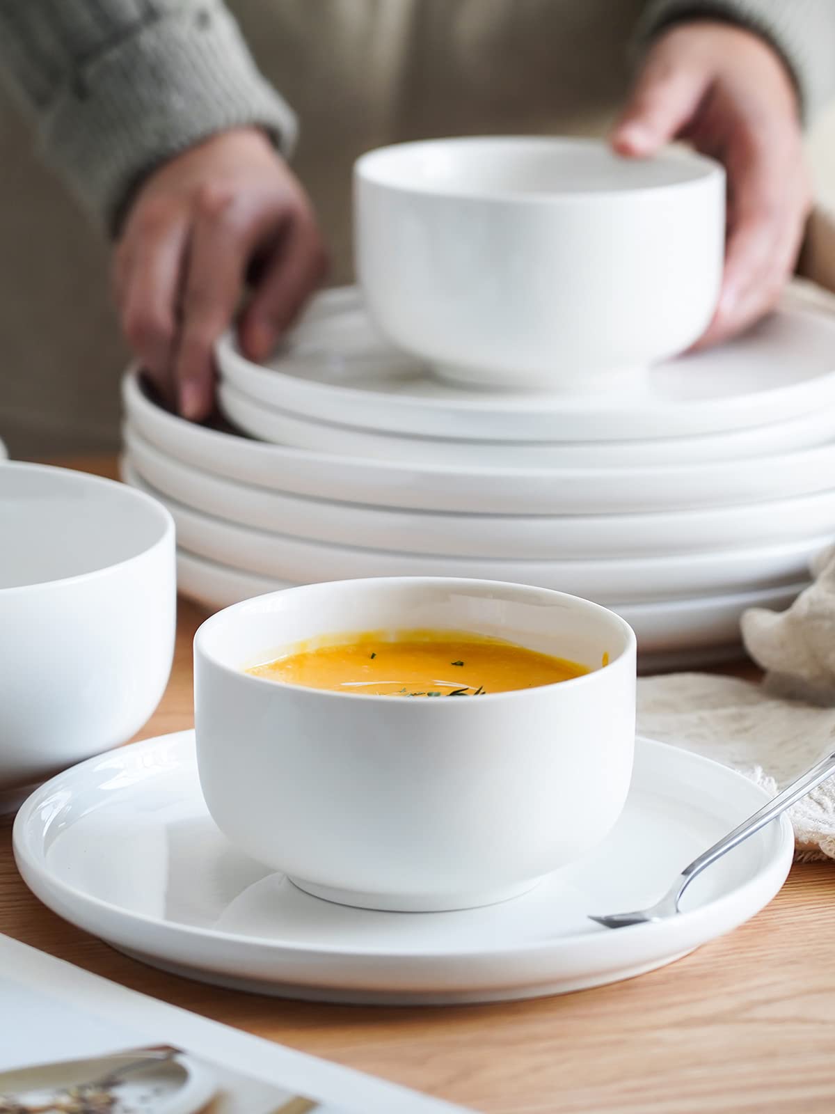 Kanwone Porcelain Dessert Salad Plates - Set of 6, 8 Inch, White, Microwave & Dishwasher Safe