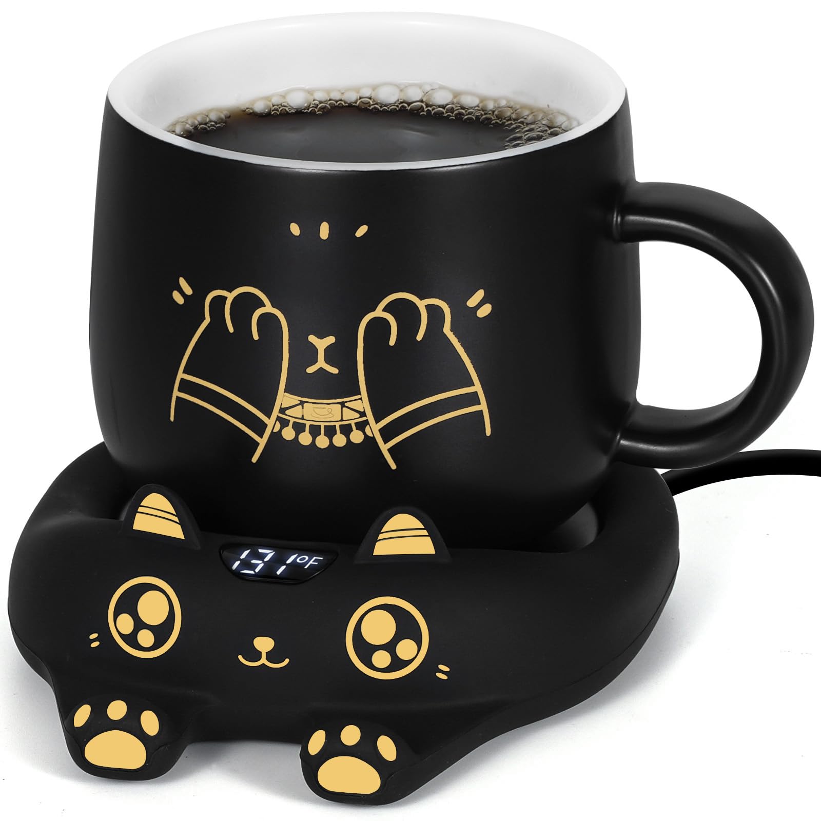 Pusee Coffee Mug Warmer & Cute Cat Mug Set, Coffee Cup Warmer For Desk With Auto Shut Off, Beverage Warmer With 3 Temp Settings,