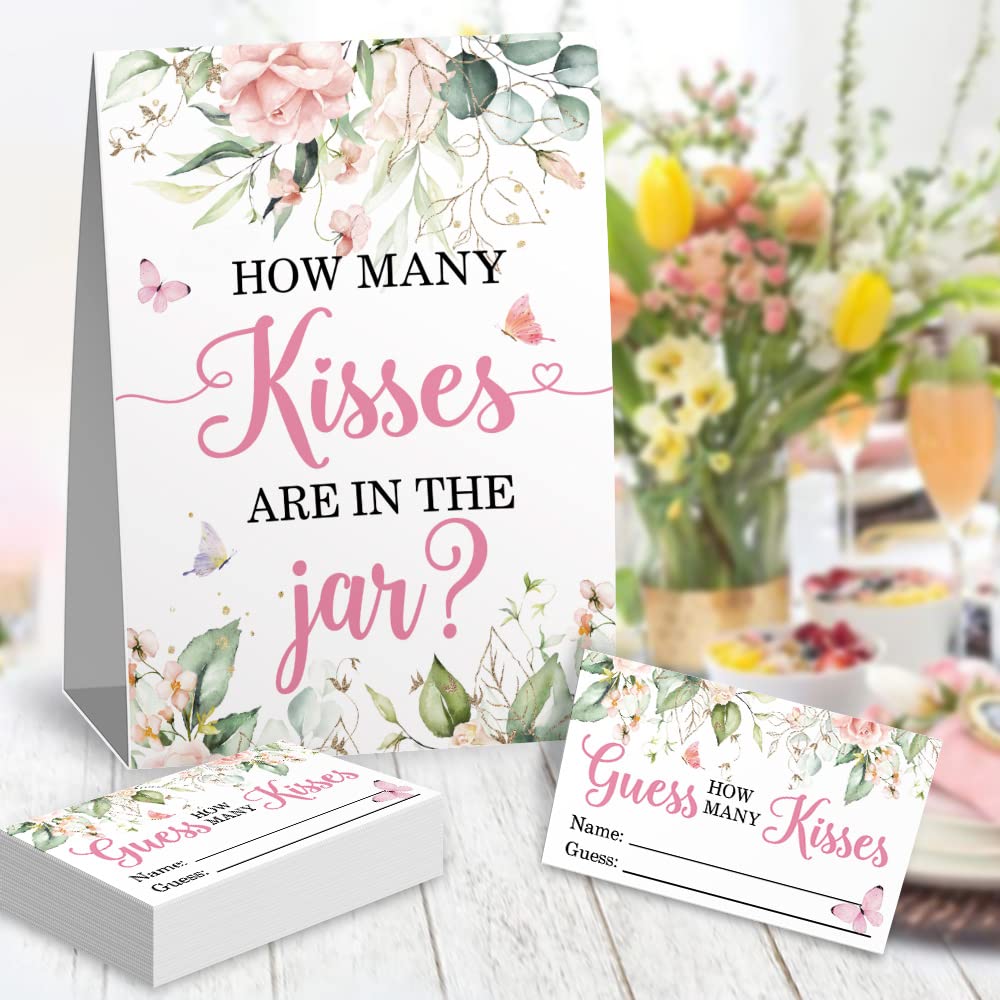 How Many Kisses Bridal Shower Game Card 50 Pcs And 1 Standing Sign, Bridal Party Decorations, Floral And Butterfly Girl Baby Sho