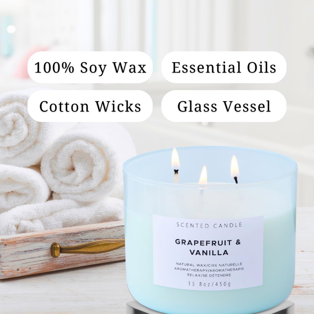 Large Grapefruit Vanilla Candle | Natural Soy 3 Wick Scented Candle for Home Relaxation 15.8 oz | Aromatherapy Stress Relief Can