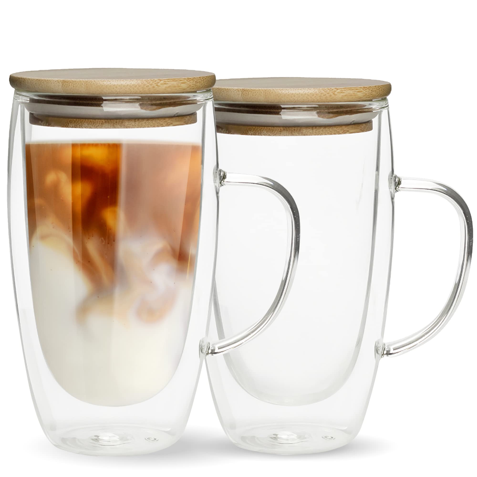 Double Walled Glass Coffee Mugs By Chef''S Unique Insulated Coffee Mugs With Handle And Bamboo Lid, Clear Glass Cups For Coffee