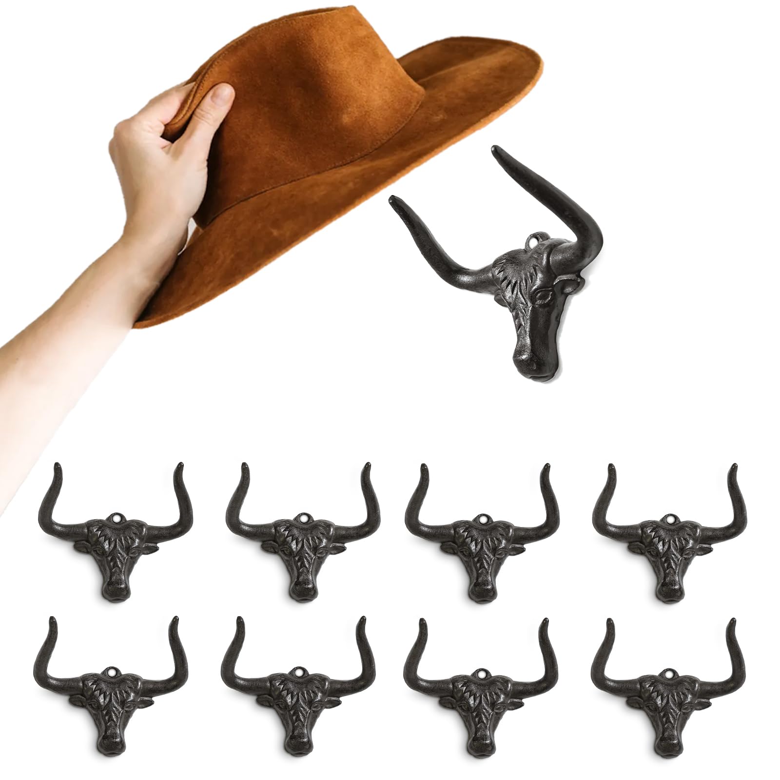 Hydermus Cowboy Hat Rack For Wall 8 Pack Modern Metal Cowboy Hat Holder Cast Iron Cowgirl Hat Hanger Western Longhorn Hooks For