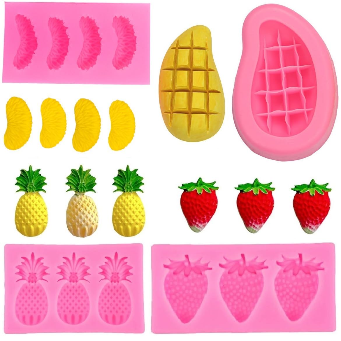 4Pcs Fruit Shaped Silicone Jelly Molds Strawberry Baking Mold 3D Orange, Mango,Pineapple Strawberry Embed Fondant Molds Soap Mol