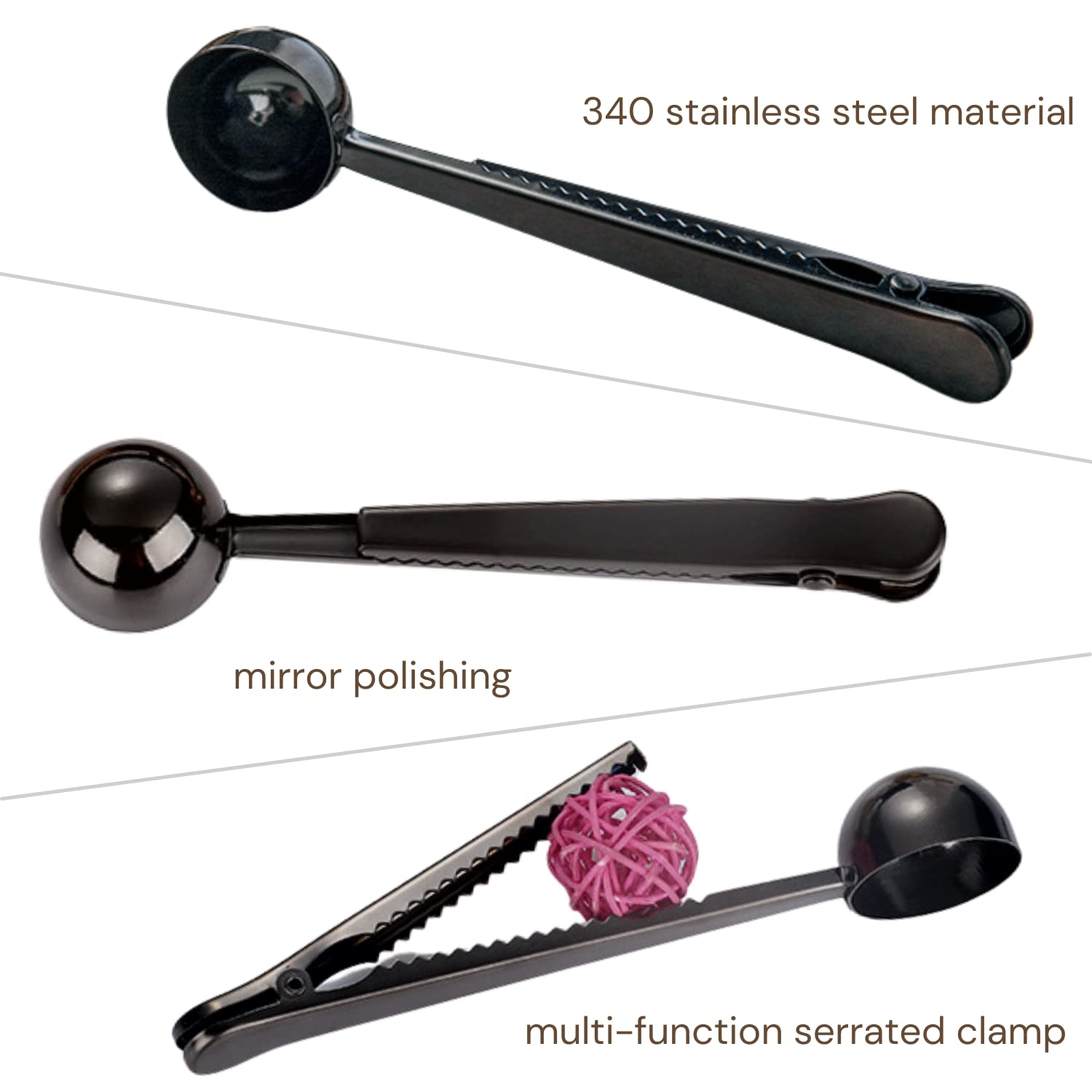 Crethinkaty 2 In 1 Coffee Scoop And Bag Clip, Stainless Steel Coffee Scoop With Bag Clip, For Ground Coffee And Beans, Black, 6.