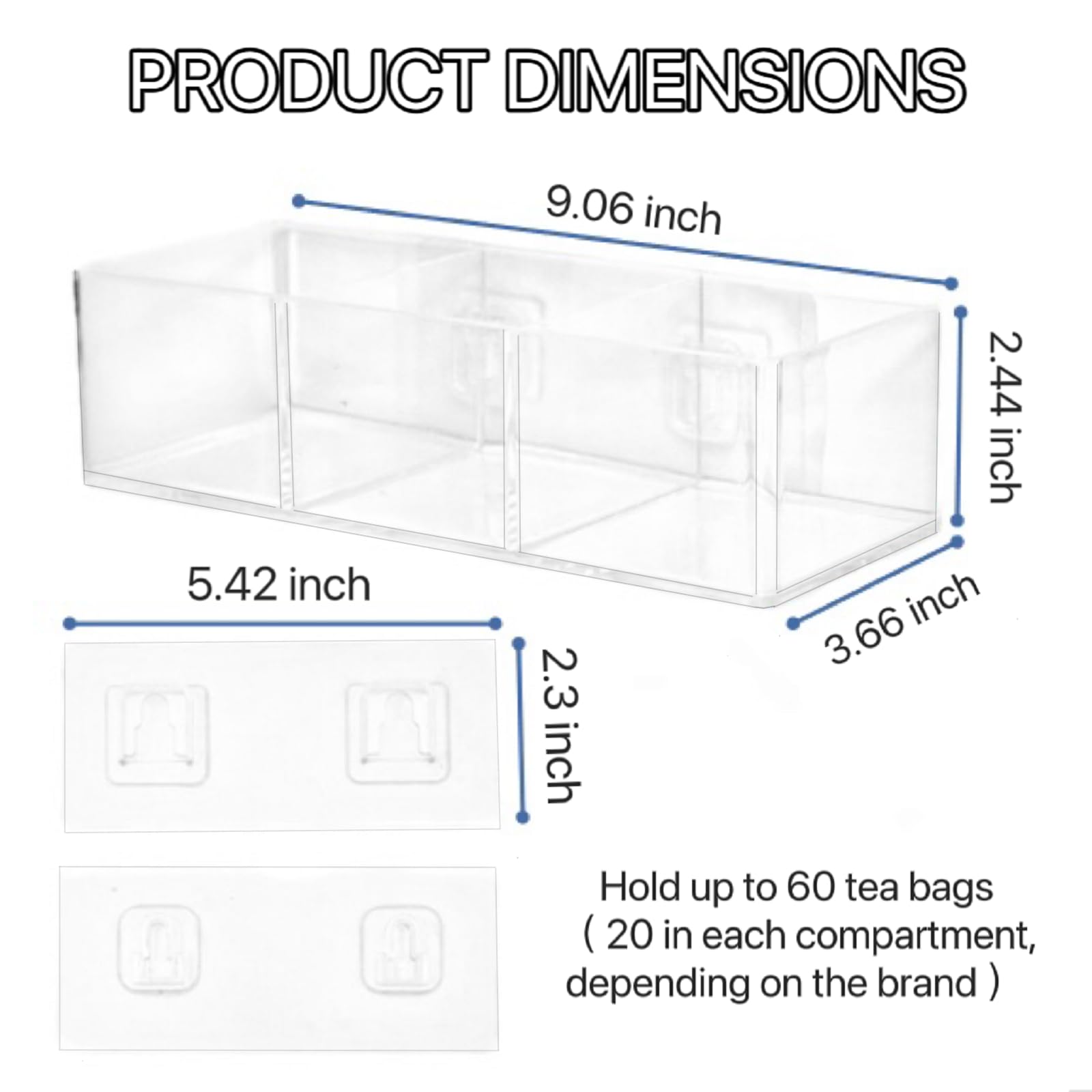 Telkeen Tea Bag Organizer Holds Up To 60 Tea Bags, Tea Organizer With 3 Compartments, Adhesive Wall Mount Tea Box Strong Tea Bag