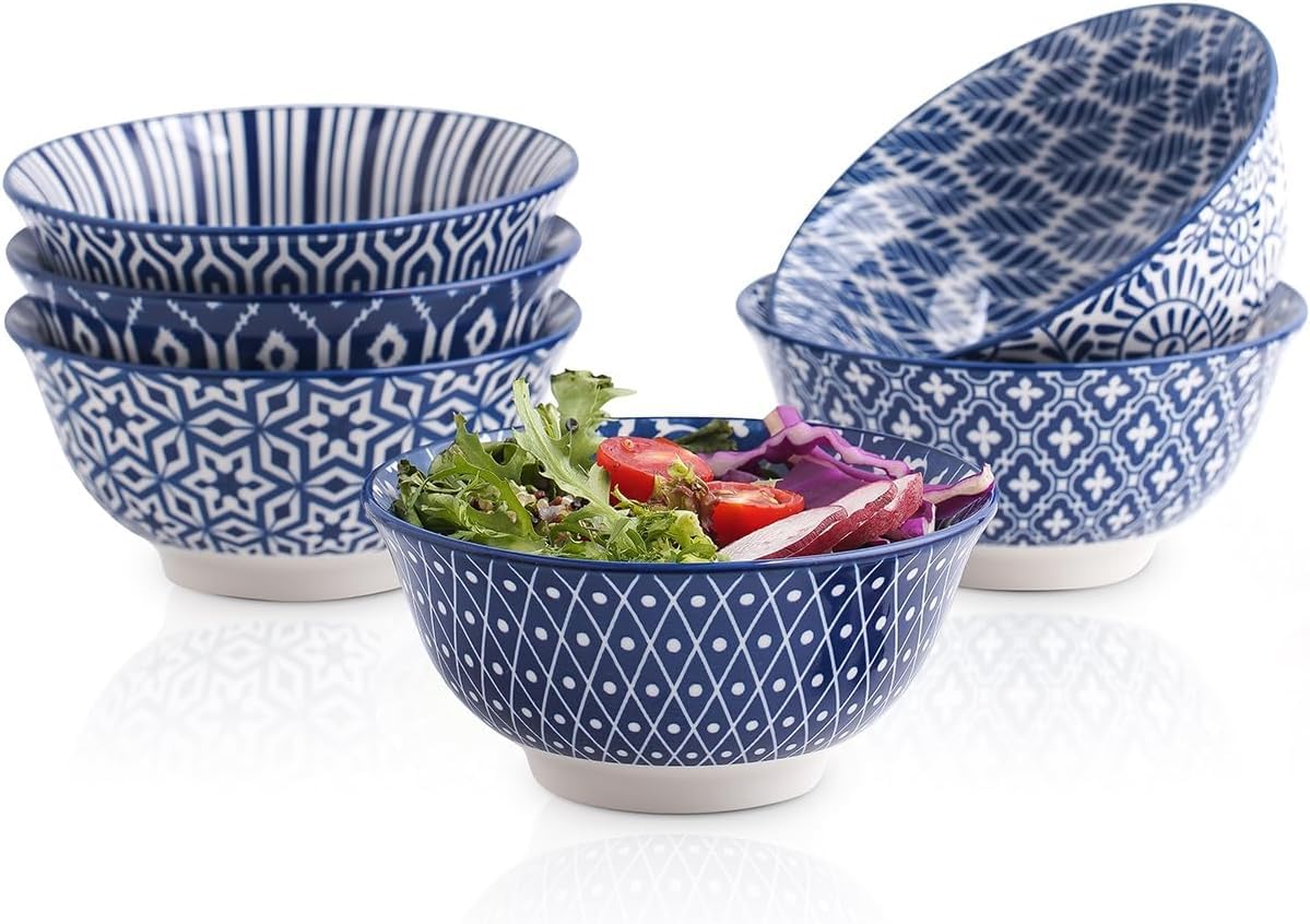 Selamica 7 inches Porcelain Cereal Bowl Set - Set of 6, Soup Bowls, Ceramic bowls for Cereal, Soup, Salad and Pasta, Vintage Blu