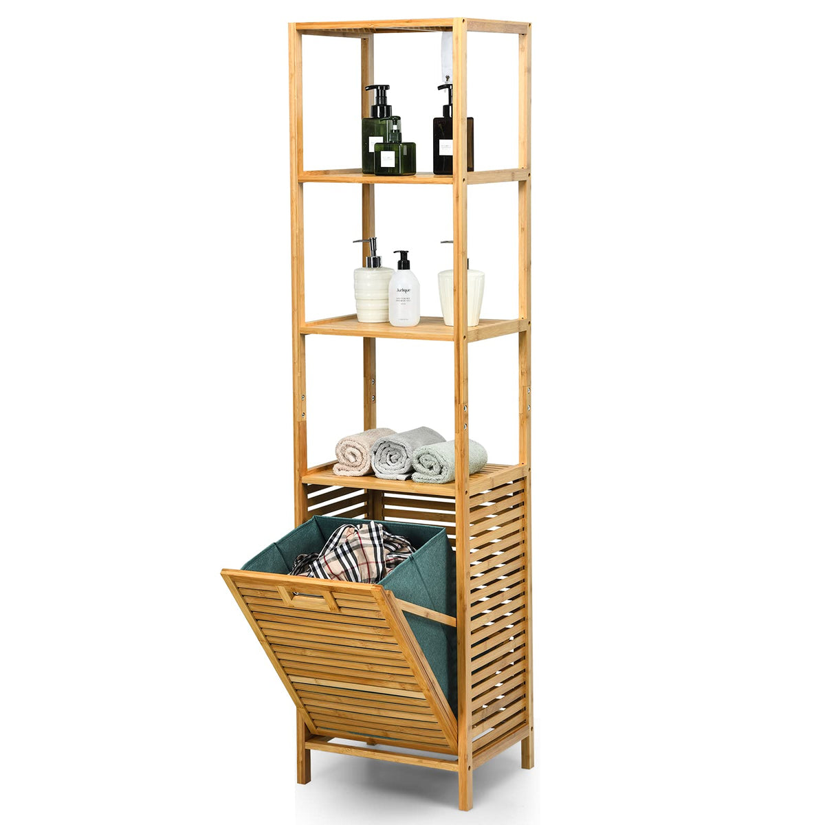 Giantex 63'' Tilt Out Laundry Hamper And 4-Tier Storage Shelves, Removable Clothes Basket With Easy Carry, Bamboo Tower Hamper O