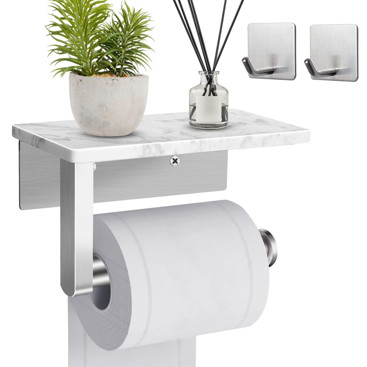 Hronta Toilet Paper Holder With Marble Shelf, Sus304 Stainless Steel Wall Mounted Toilet Paper Holder And 2 Pcs Free Adhesive Ho