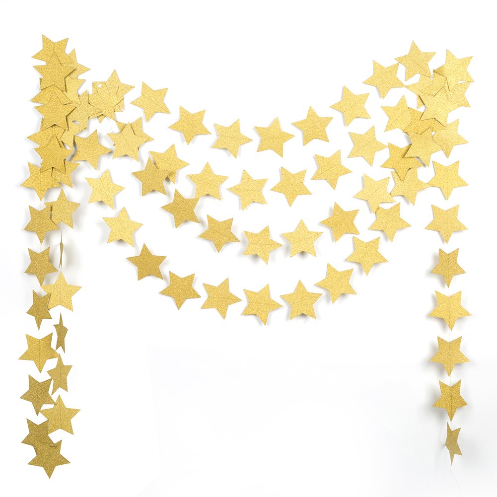 Mowo Star Paper Garland Circle Hanging Decor 3'' In Diameter 10Ft (Gold Glitter, 2Pc)