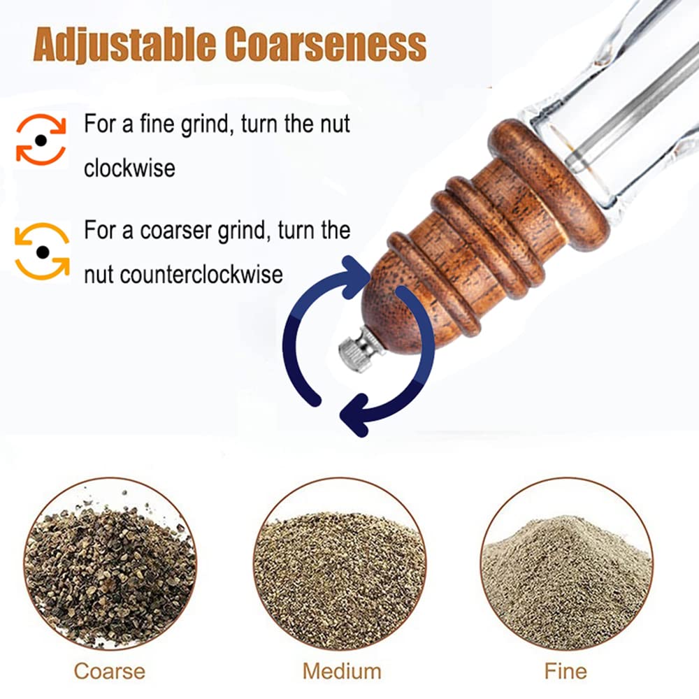 Leden Wood Pepper Grinder Mill, Manual Salt And Pepper Mills Refillable With Visible Window, Pepper Shakers, Salt Mill, Adjustab