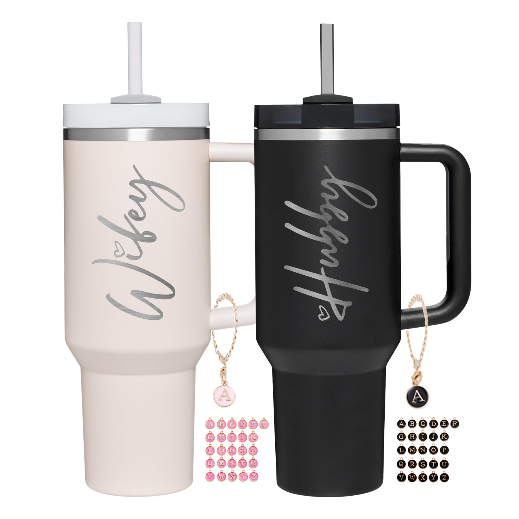 JETIKON Wifey Hubby 40 oz Tumbler Cup for Couples with Handle Lids Straws Letter Charm Accessories 2 Pack Wedding Gifts for Coup