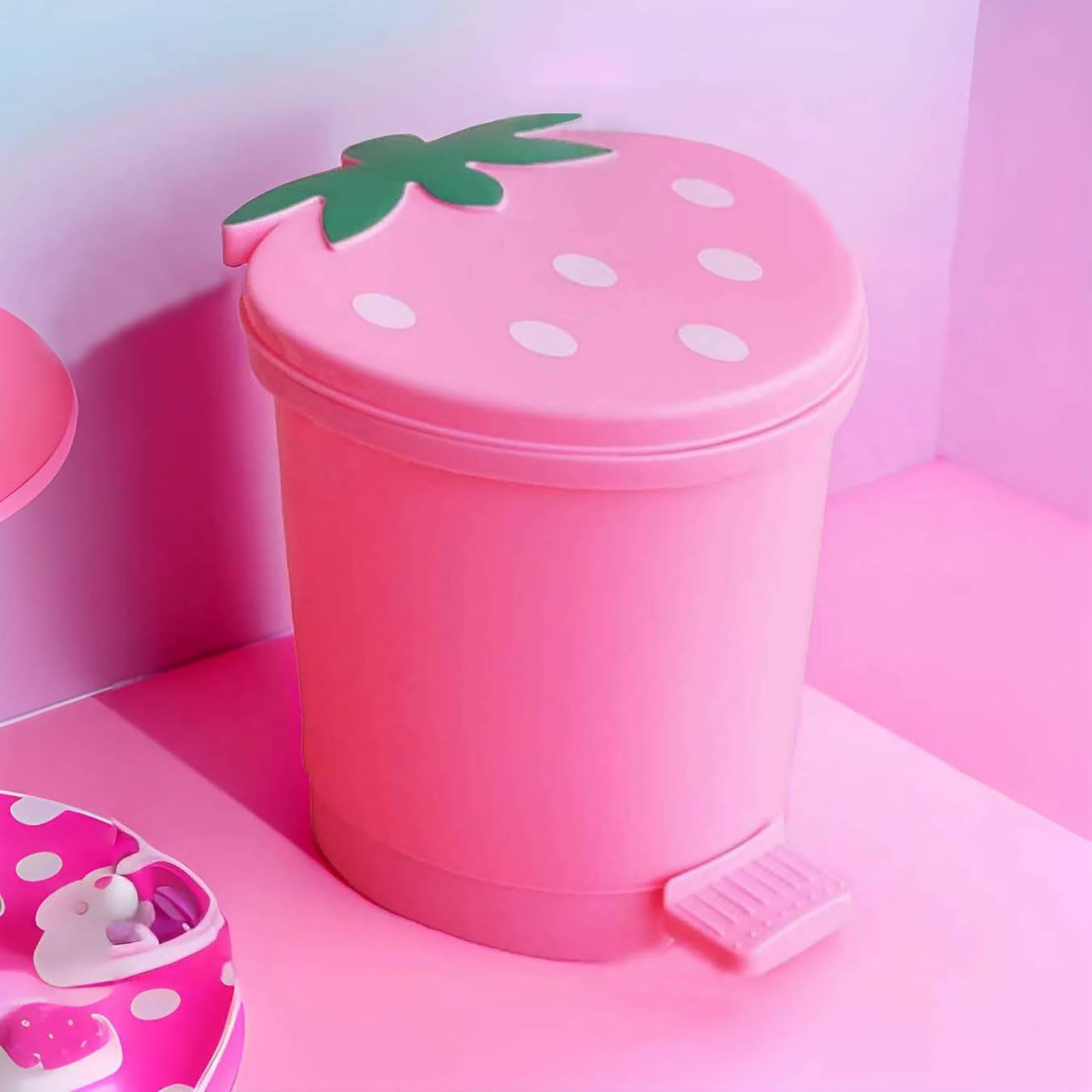 Bxuxjar Strawberry Trash Can, 1 Gallon Desk Plastic Cute Trash Can Kawaii Small Srawberry Garbage Can For Bedroom With 5 Rolls G
