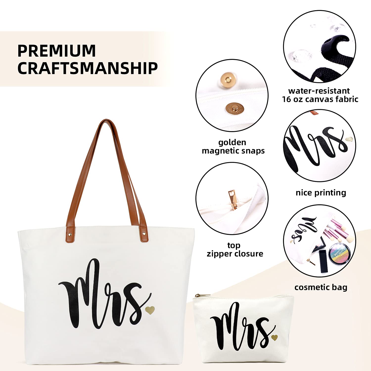 Lamyba Wifey Tote Bag With Makeup Bag, Gifts For Engagement/Bridal Shower/Bachelorette/Wedding Party Canvas White