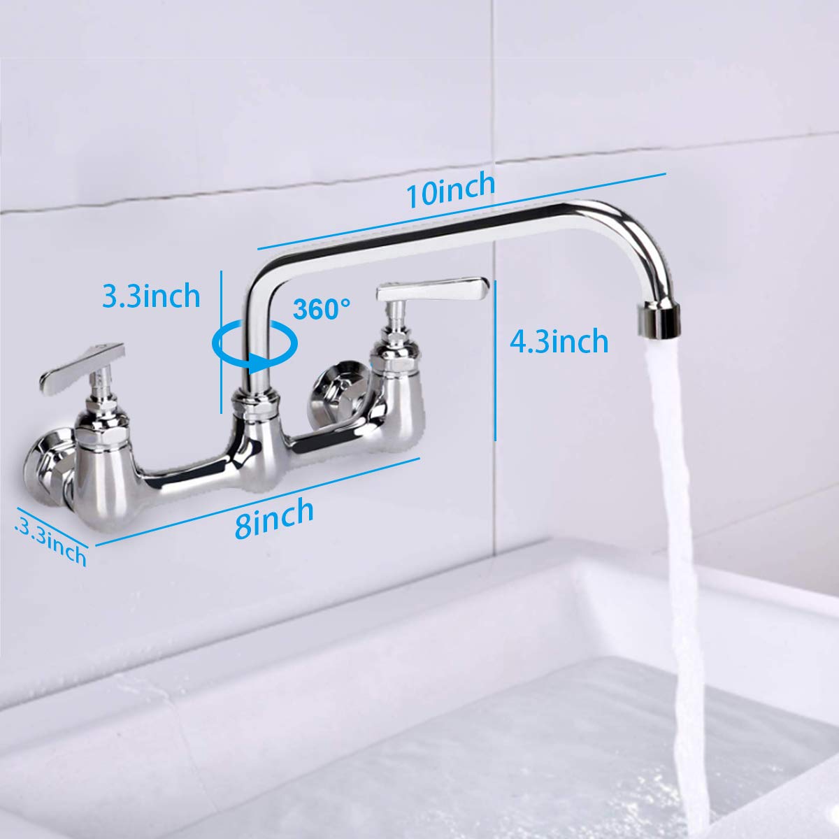 Kwode 8 Inch Center Commercial Sink Faucet With 10    Swivel Spout, Commercial Wall Mount Kitchen Faucet For Kitchen Sink 2-Hand