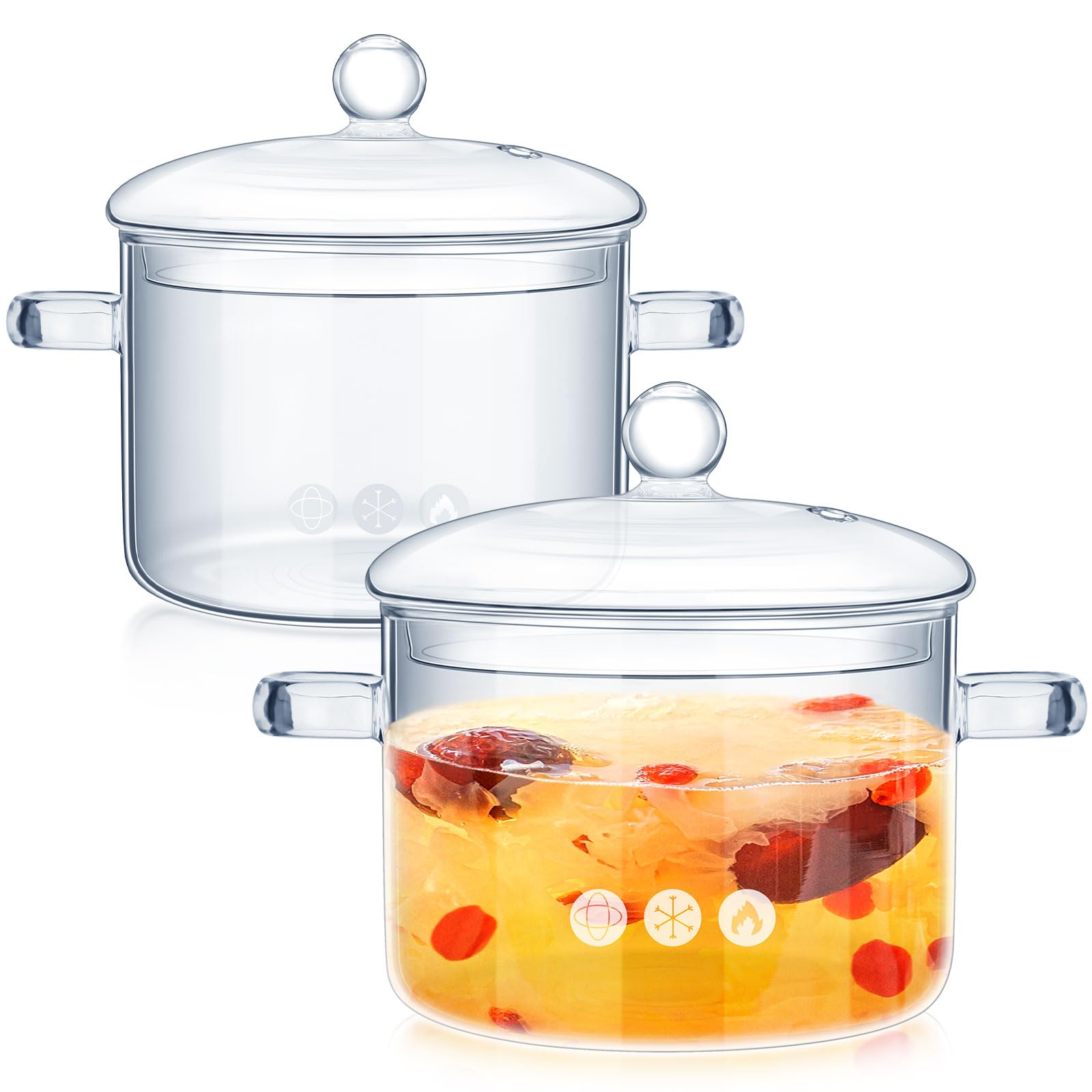 Zubebe 2 Pcs Glass Pots for Cooking on Stove Set Glass Saucepan with Cover Heat Resistant Clear Pots and Pans Set Stovetop Cookw