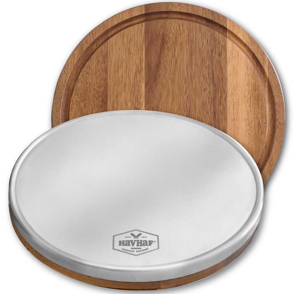 HAVHAF Stainless Steel Cutting Board For Kitchen With Lip(Wood & Metal, 10x10) - Round Non Plastic Non Toxic Acacia Wooden Doubl