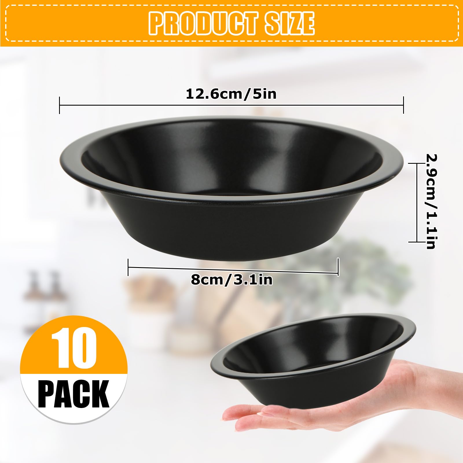 Cyeah 10 Pcs Non-Stick Mini Pie Pans, 4 Inch Round Deep Pie Dish For Baking, High Carbon Steel Pot Pie Baking Dishes, Small Blac