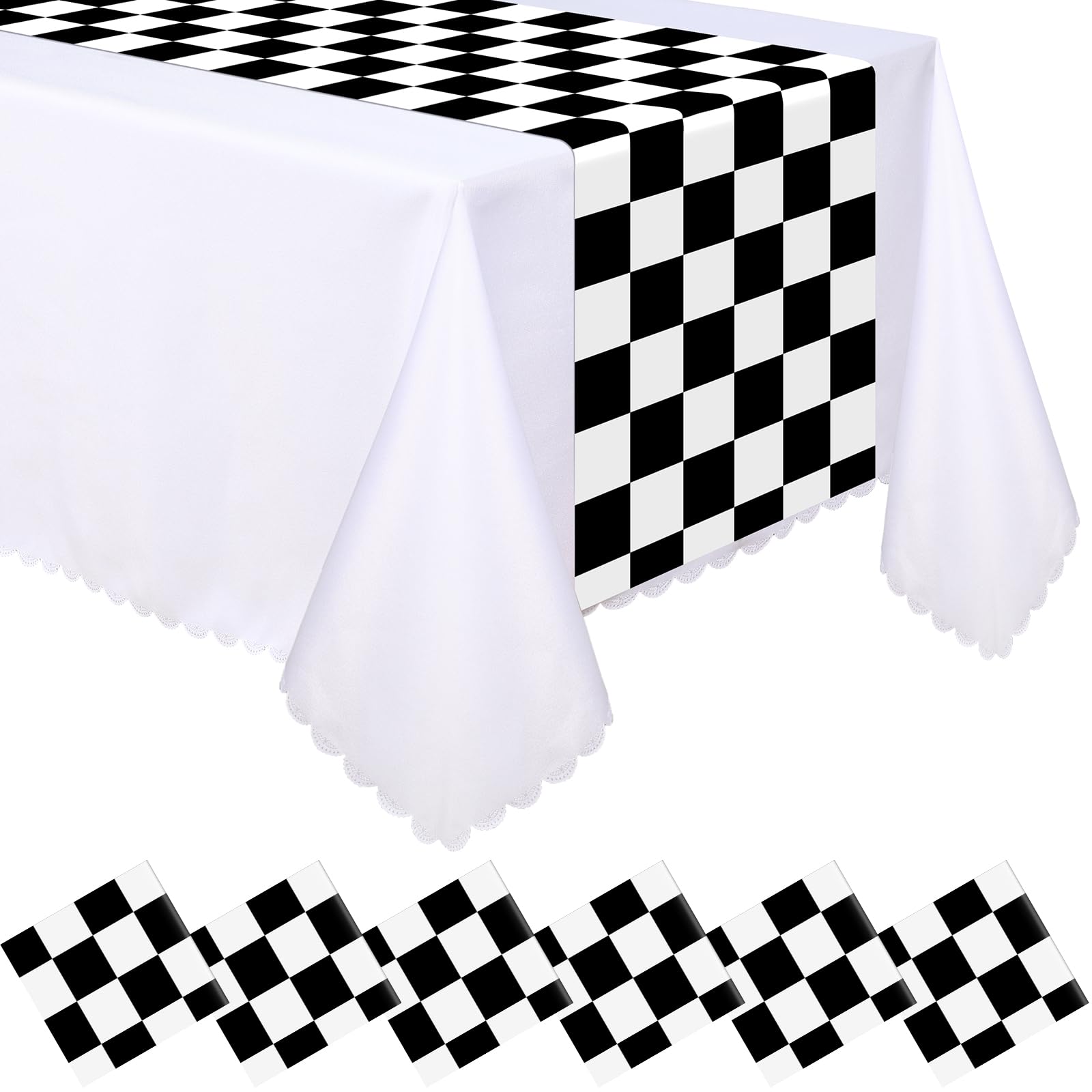 Preboun 6 Pcs Plastic Checkered Table Runner 14 x 108 Inch Racetrack Road Table Runner for Two Fast Car Theme Birthday Racing Pa