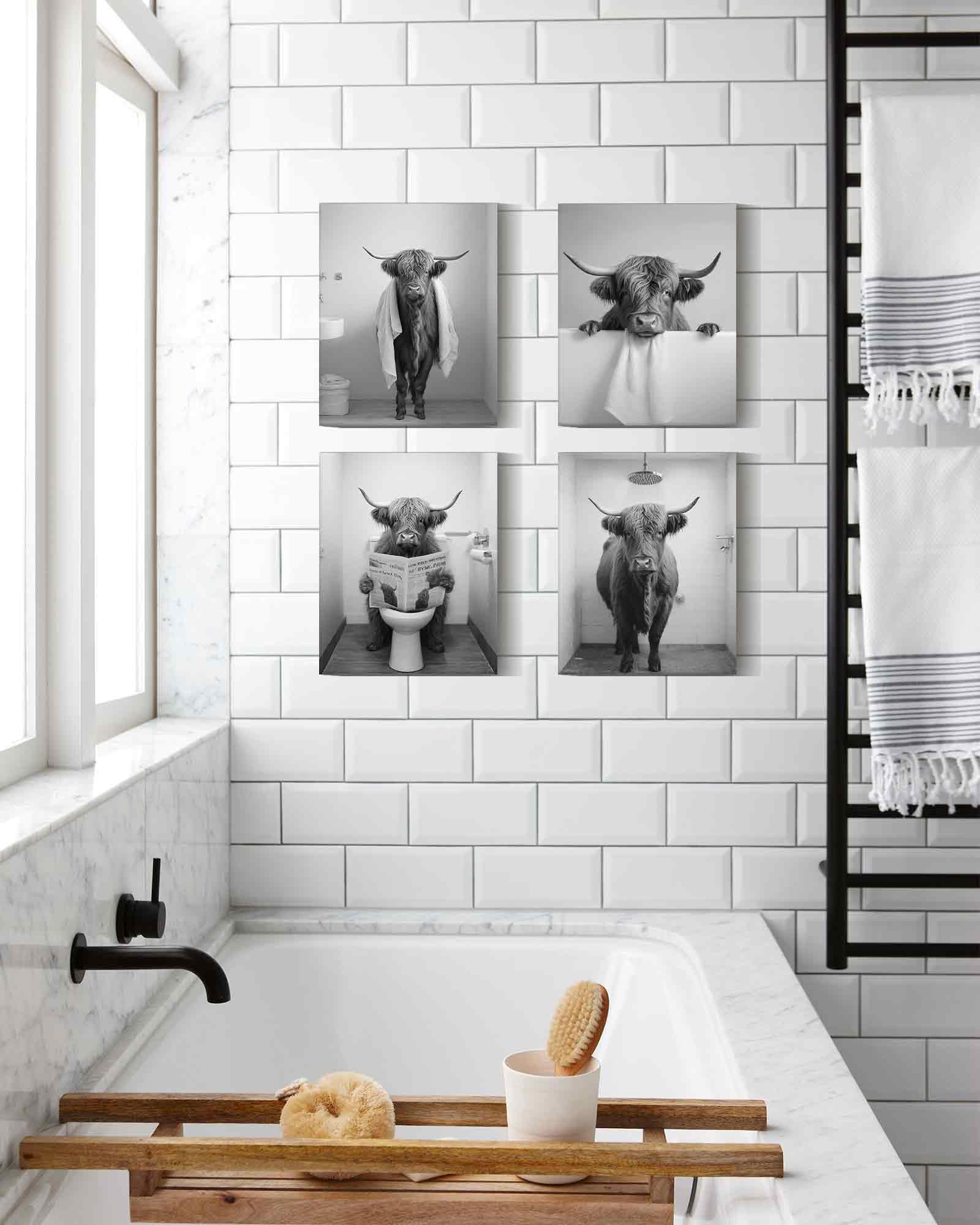 Funny Highland Cow Bathroom Wall Art Framed Black And White Rustic Cute Bathroom Canvas Prints For Bathroom Restroom Decor 8X10I