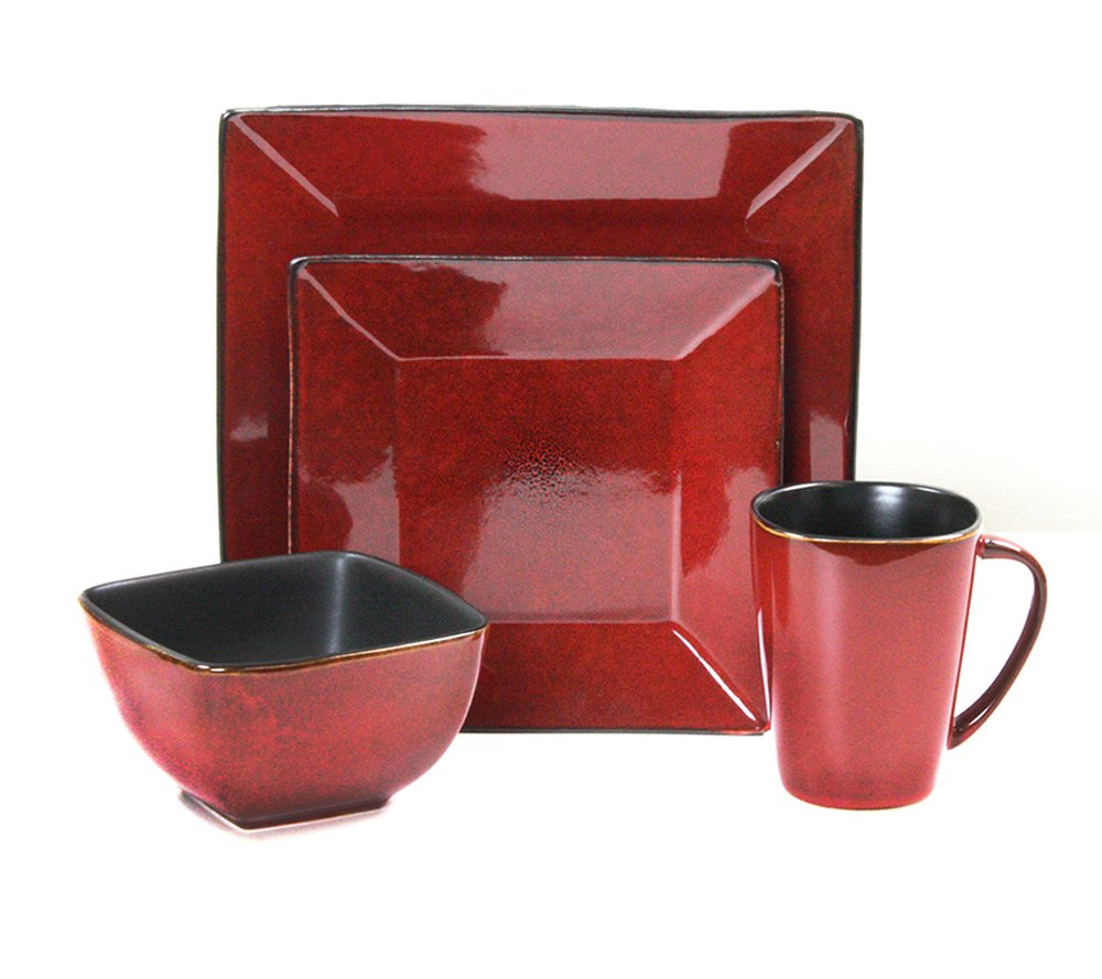 Elama Stoneware Square Dinnerware Dish Set, 16 Piece, Solid Red