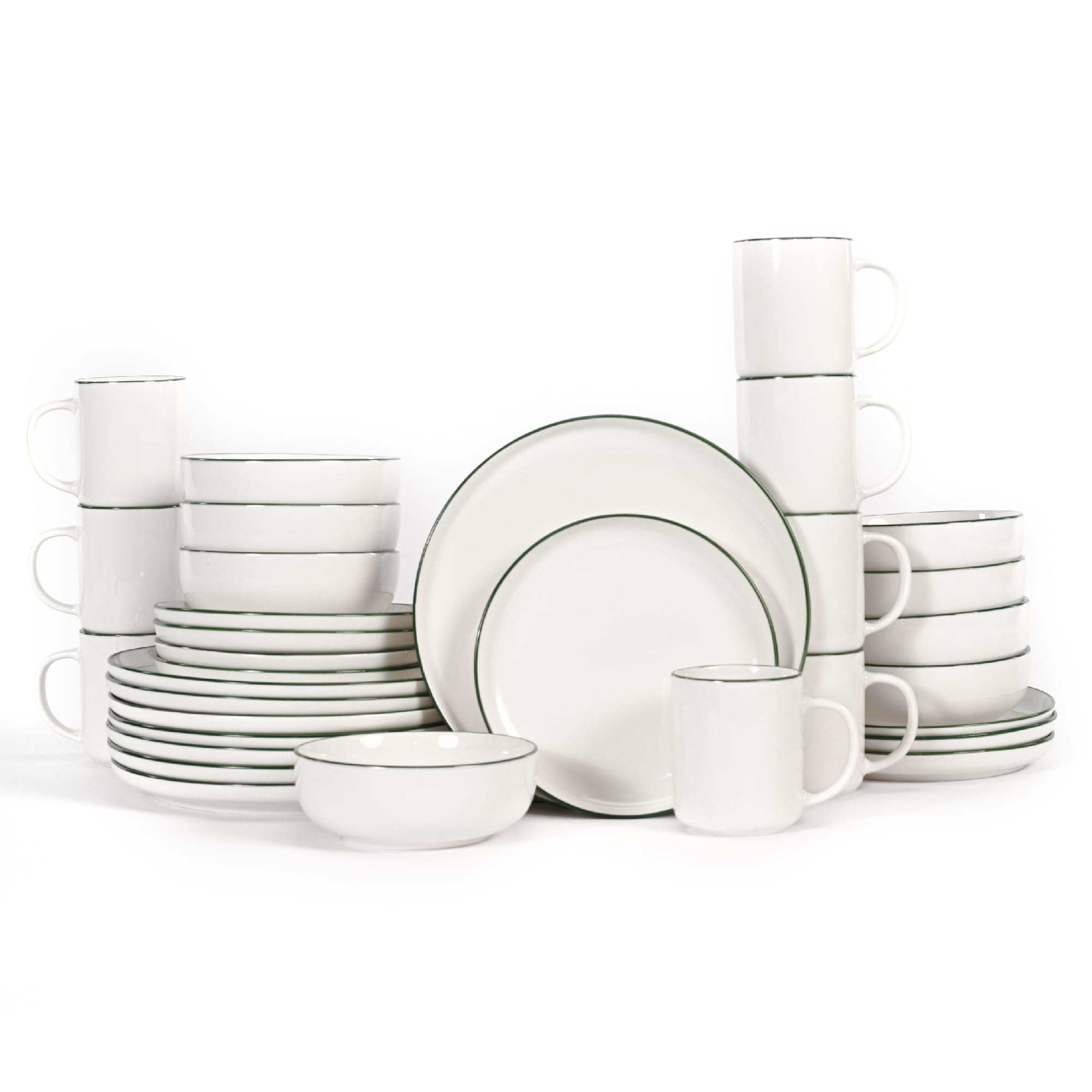 OTAGO 32Piece Dinnerware Set for 8 with 8 Mugs, White with Green rim Stoneware Plates and Bowls Sets, Ceramic Dish Set for Kitc