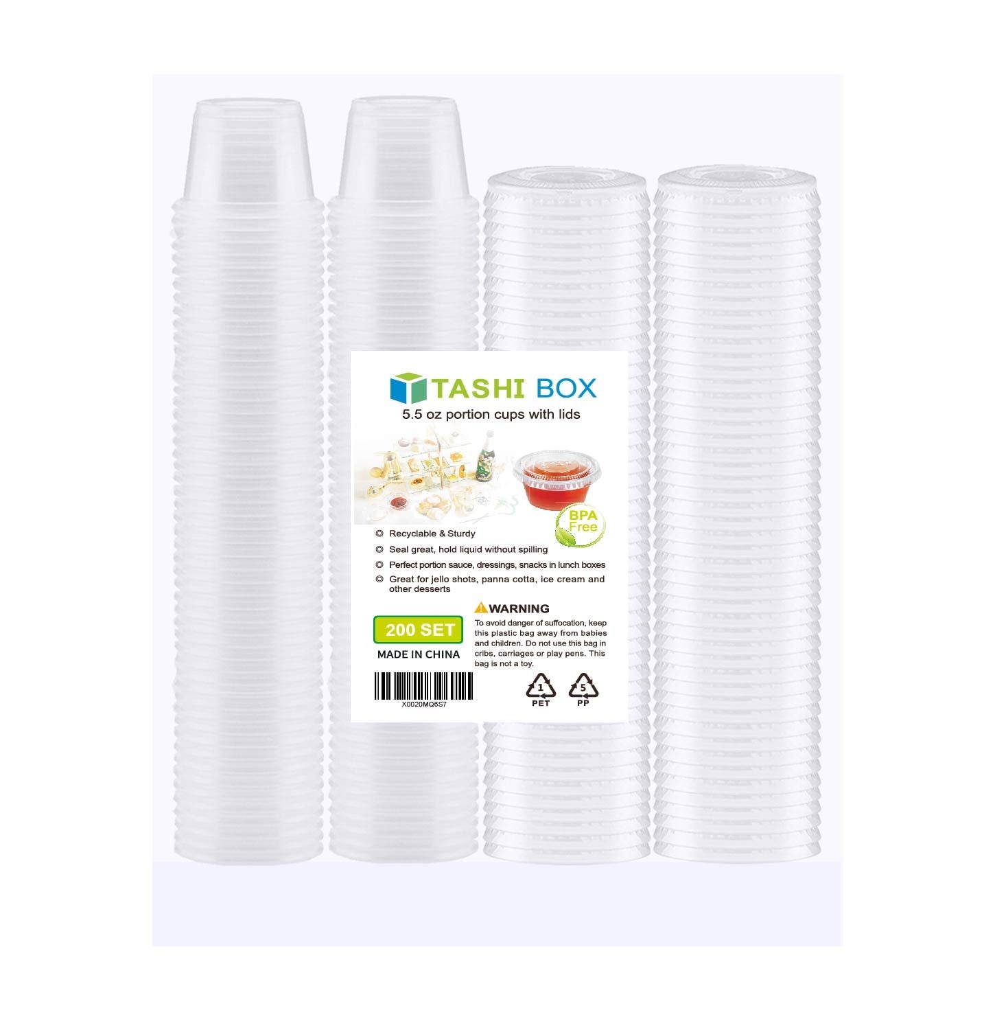 Tashibox 200 Sets-5.5 Ounce Disposable Plastic Jello Shot Cups With Lids, Souffle Portion Cups