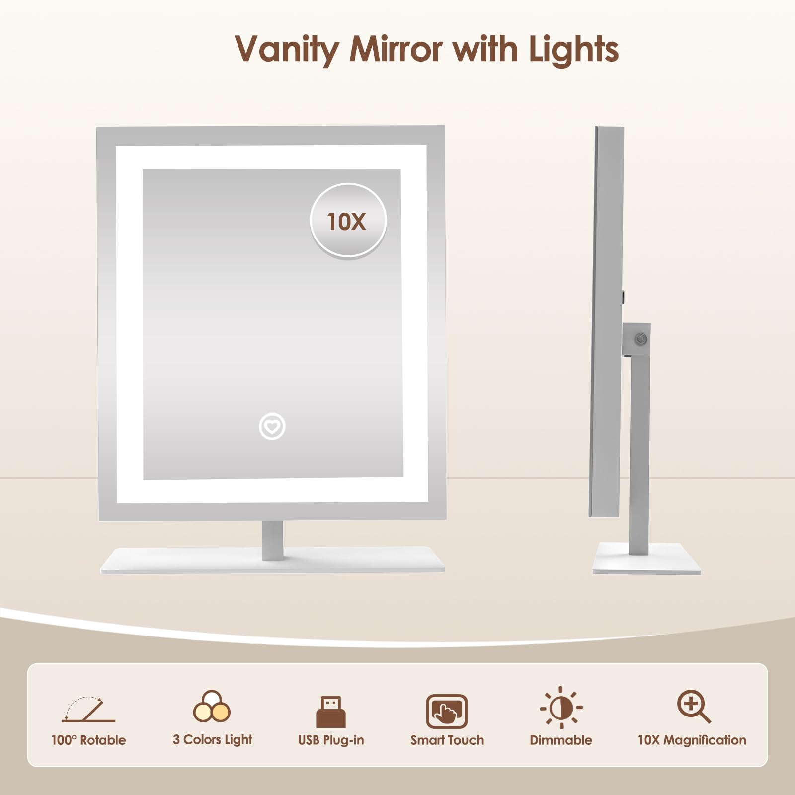 Beelux Lighted Makeup Mirror, 12In Vanity Mirror With Lights,Three Color Lighting Modes,10X Magnification Mirror,Smart Touch Con