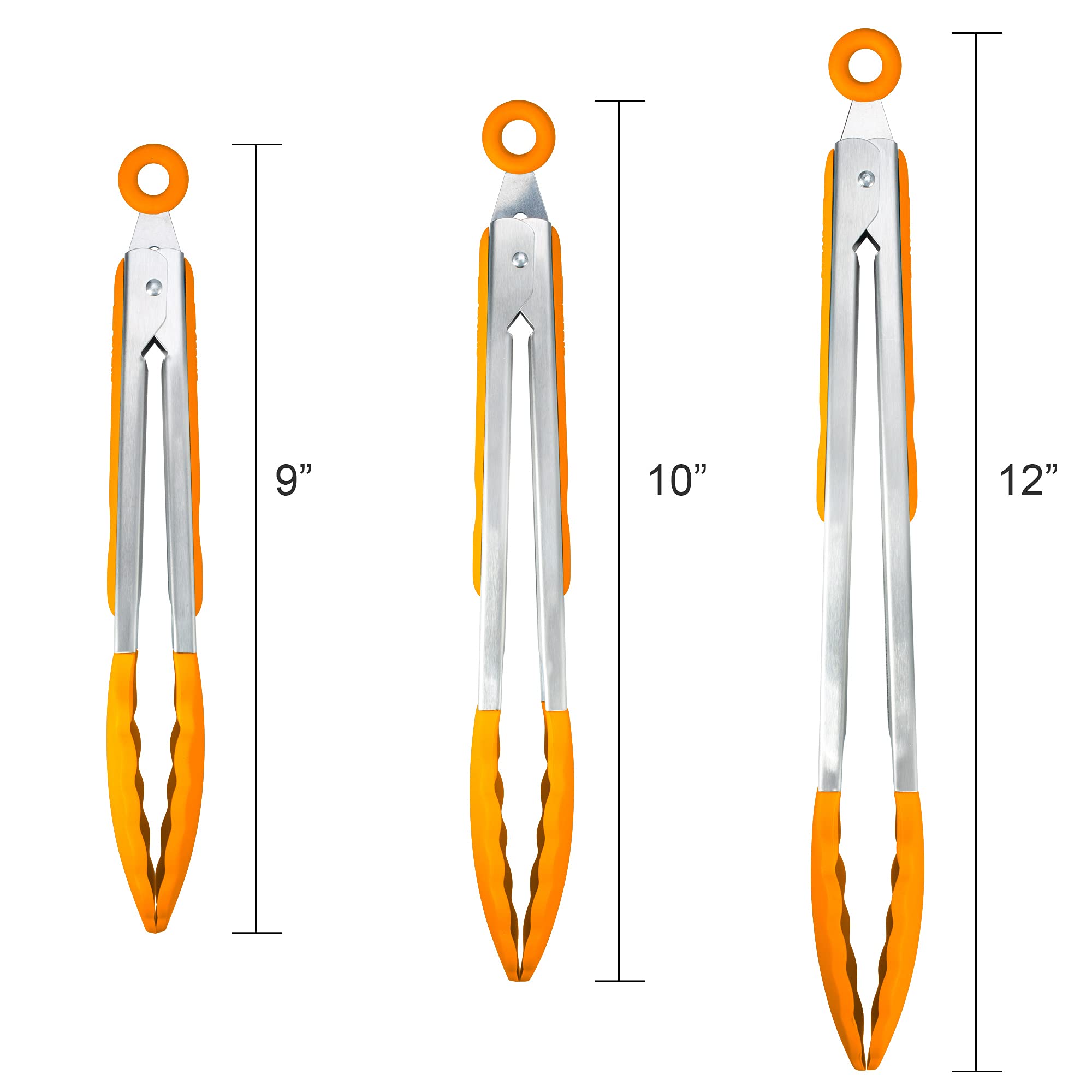 3 Pack Orange Kitchen Tongs, Premium Silicone Bpa Free Non-Stick Stainless Steel Bbq Cooking Grilling Locking Food Tongs, 9-Inch
