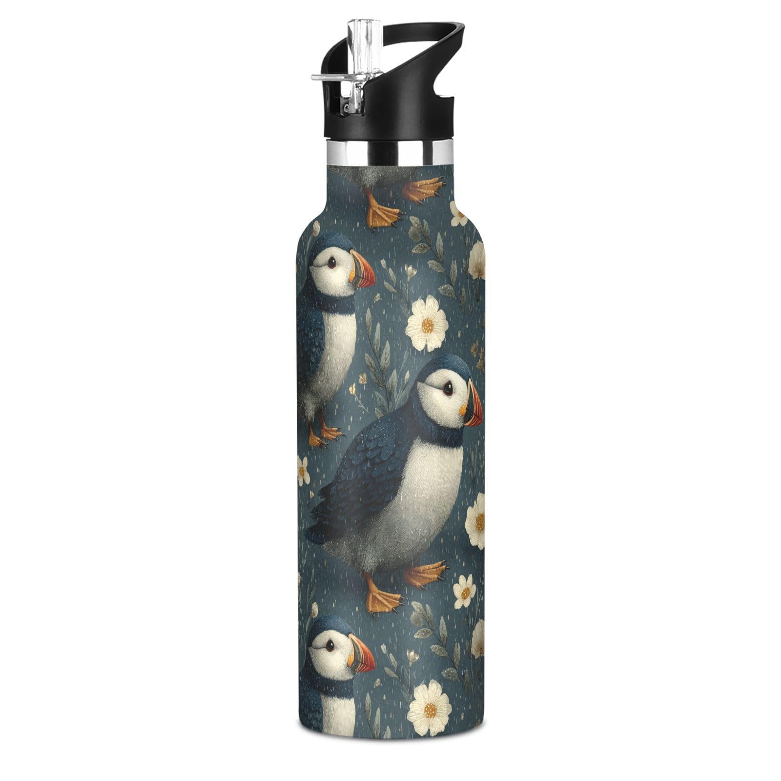 Selerdon Sports Water Bottle Puffin Rain Flowers Stainless Steel Beverage Container 20 oz Coffee Cup with Detachable Straw & Lea