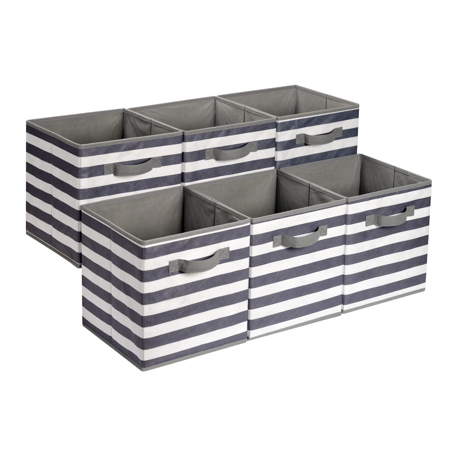 Amazon Basics Cube Organizer Storage Bins Handles, Collapsible Fabric, Pack of 6, 13x13x13, White/ Light Grey Stripe