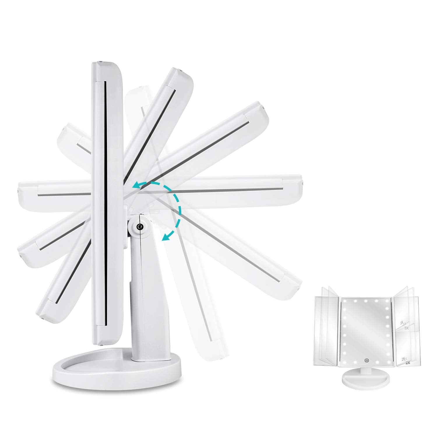 Deweisn Floor Mount Tri-Fold Lighted Vanity Mirror With 21 Led Lights, Touch Screen And 3X/2X/1X Magnification, Two Power Supply