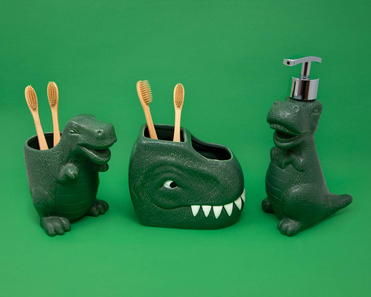 Isaac Jacobs Green Ceramic Dinosaur Cup  Toothbrush Holder  Multi-Purpose Organizer  - Great for Toiletries  Bathroom  Kitchen  Crafts  Desk  Novelty Bathroom Accessory (Single Cup  Green)