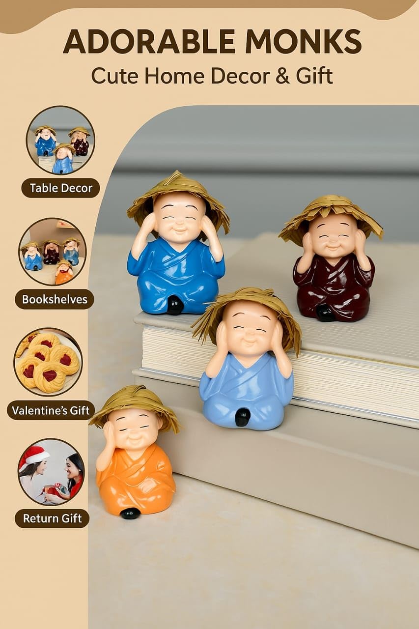 CraftVatika Baby Monk Buddha Set of 4- Monk Buddha Statue Showpiece, Diwali Decoration Items Buddha for Table Decor Living Room