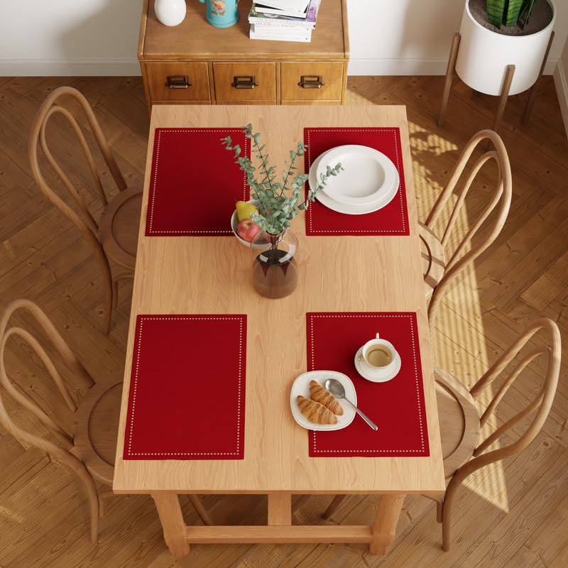 Encasa Xo Placemats Set Of 4 | Pure Cotton Hemstitched Design | Red | Rectangular 19''X13'' - Dining Table Mat | Machine Washabl