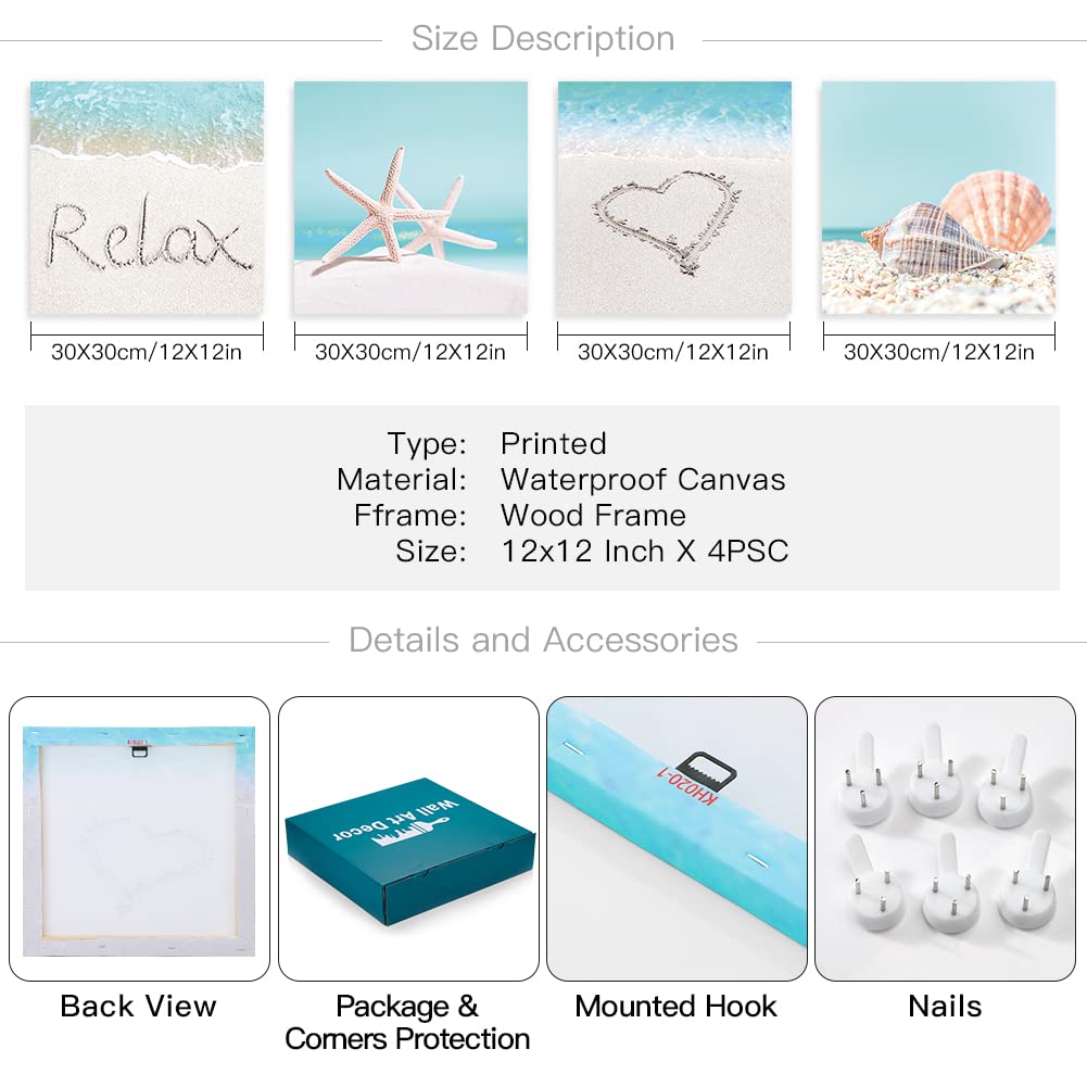 Otostar 4 Pieces Wall Art Canvas Prints - Seashell Starfish And Beach Picture Painting - Modern Wall Artwork Framed For Gifts Ba