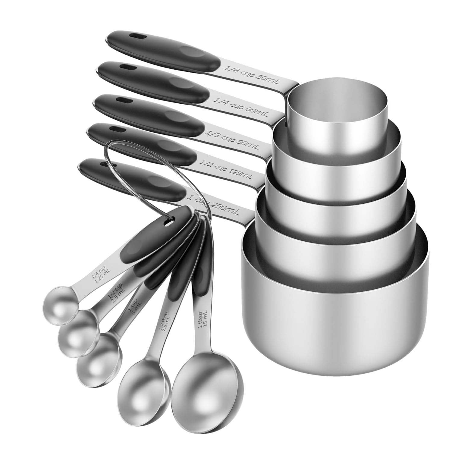 Enloy Stainless Steel Measuring Cups And Spoons Set Of 10 Piece, Soft Silicone Handles And Clearly Scale, Nesting Liquid Measuri