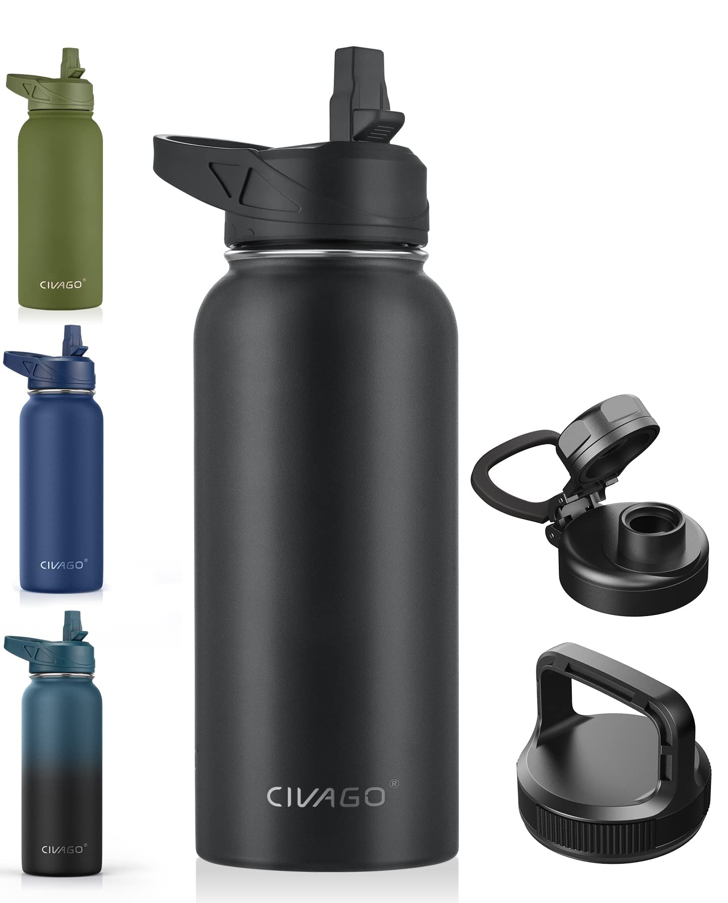 Civago 32 Oz Insulated Water Bottle With Straw, Stainless Steel Sports Water Cup Flask With 3 Lids (Straw, Spout And Handle Lid)