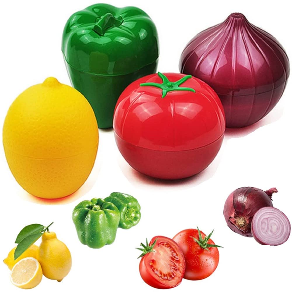 Onion, Tomato, Lemon, Green Pepper 4 Pcs Fruit And Vegetable Shaped Food Saver Storage,Reusable Siliconerefrigerator Box Storage