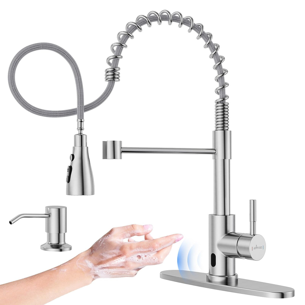 Appaso Touchless Kitchen Faucet, 3 Modes Smart Motion Sensor Kitchen Faucet With Pull Down Sprayer, Brushed Nickel Activated Fau