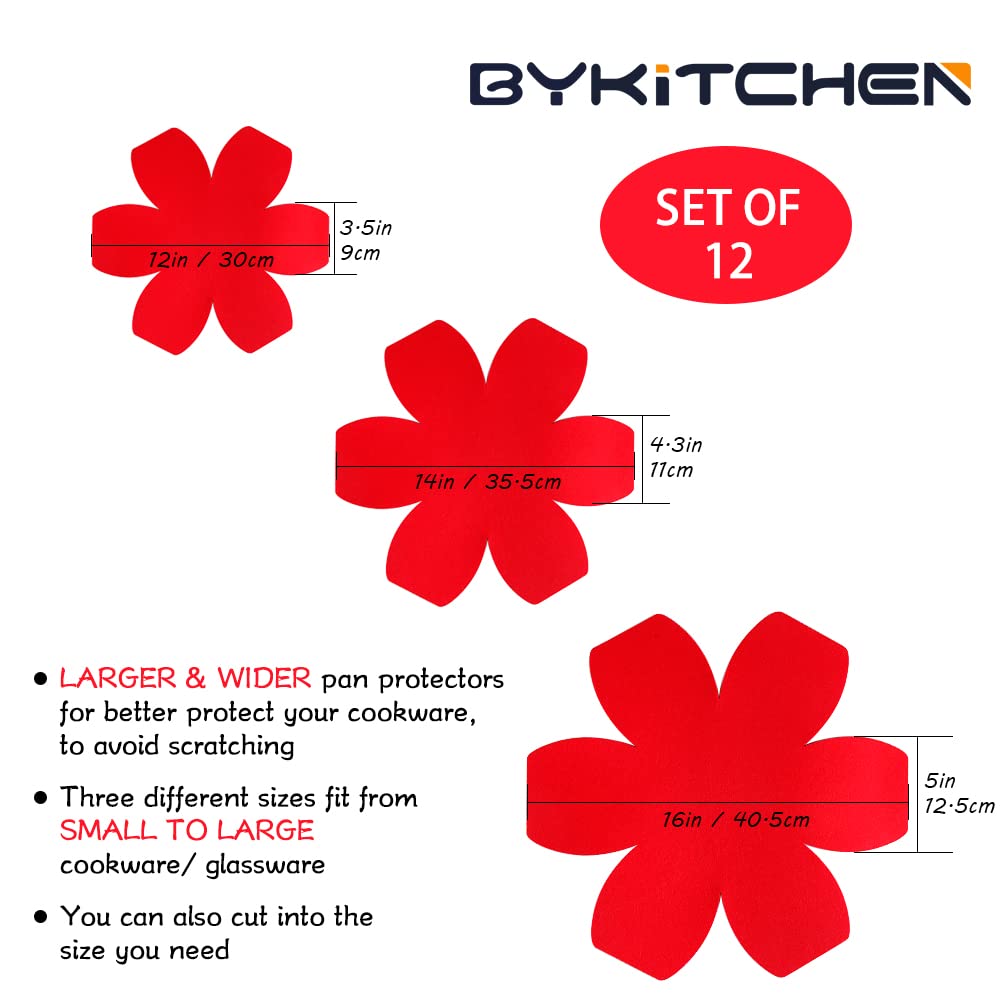 Bykitchen Pan Protectors, Set Of 12 And 3 Different Sizes, Larger & Thicker Felt Pot Pan Separators, Red Pan Dividers Protectors